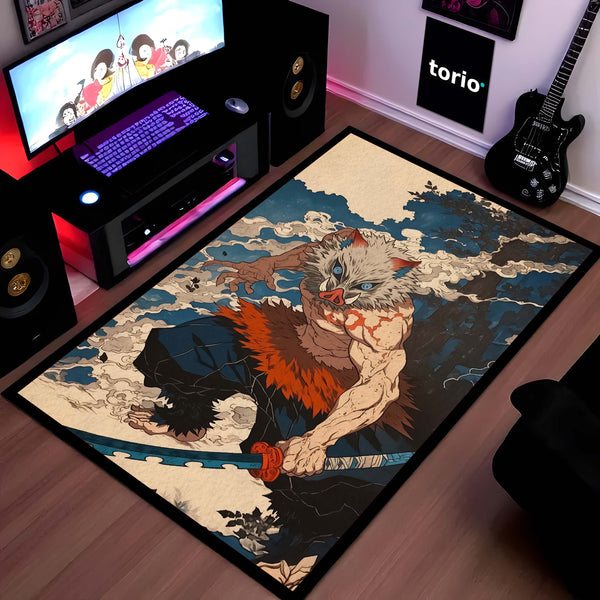 Inosuke Hashibira Anime Area Rug | Demon Slayer Inspired Floor Mat | Beast Mask Anime Rug for Bedroom, Gaming Room & Otaku Decor | Anti Slip Washable 3 mm Carpet