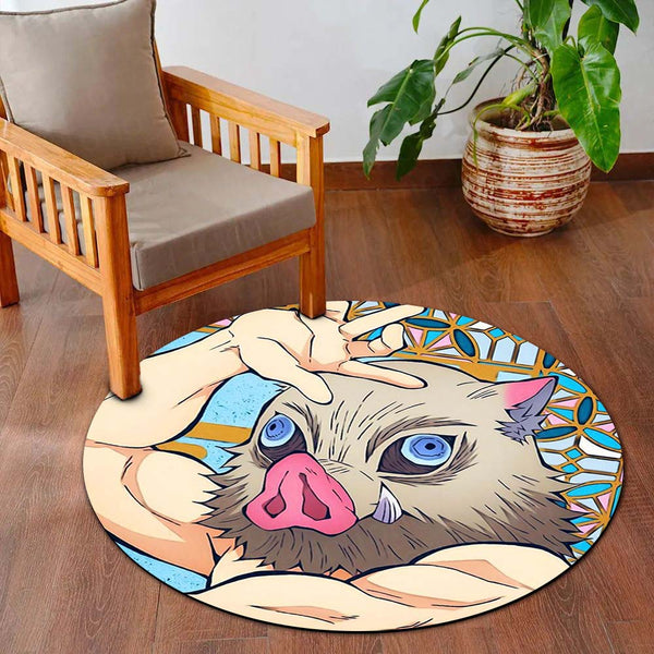 Inosuke Hashibira Round Rug | Demon Slayer Anime Floor Mat | Anti-Slip 3 mm Absorbent Circle Rug for Bedroom, Gaming Room & Anime Room Decor
