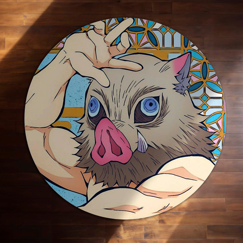 Inosuke Hashibira Round Rug | Demon Slayer Anime Floor Mat | Anti-Slip 3 mm Absorbent Circle Rug for Bedroom, Gaming Room & Anime Room Decor
