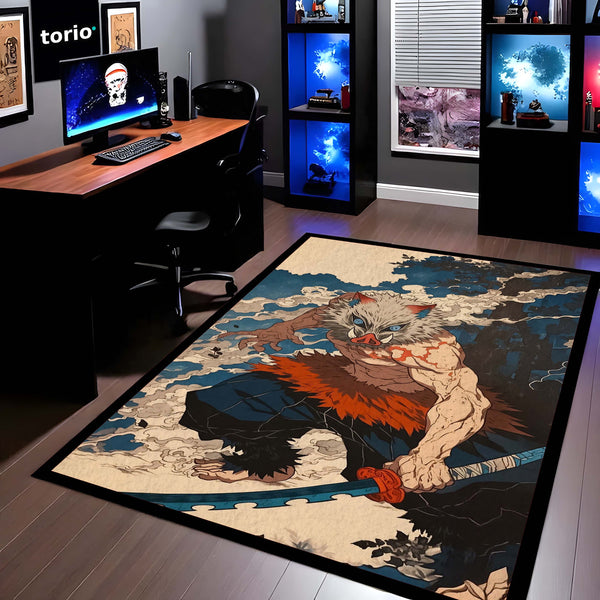 Inosuke Hashibira Anime Area Rug | Demon Slayer Inspired Floor Mat | Beast Mask Anime Rug for Bedroom, Gaming Room & Otaku Decor | Anti Slip Washable 3 mm Carpet