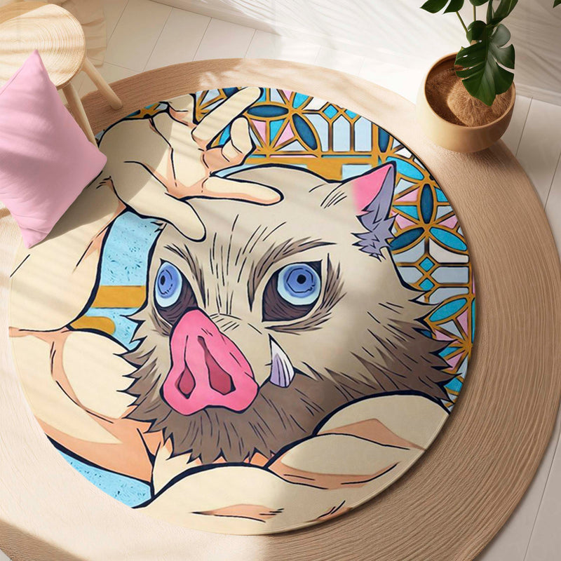 Inosuke Hashibira Round Rug | Demon Slayer Anime Floor Mat | Anti-Slip 3 mm Absorbent Circle Rug for Bedroom, Gaming Room & Anime Room Decor