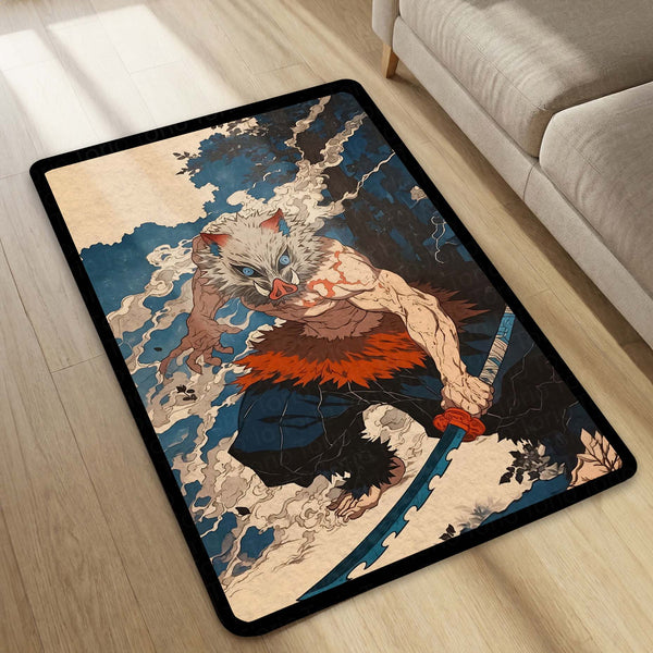 Inosuke Hashibira Anime Area Rug | Demon Slayer Inspired Floor Mat | Beast Mask Anime Rug for Bedroom, Gaming Room & Otaku Decor | Anti Slip Washable 3 mm Carpet
