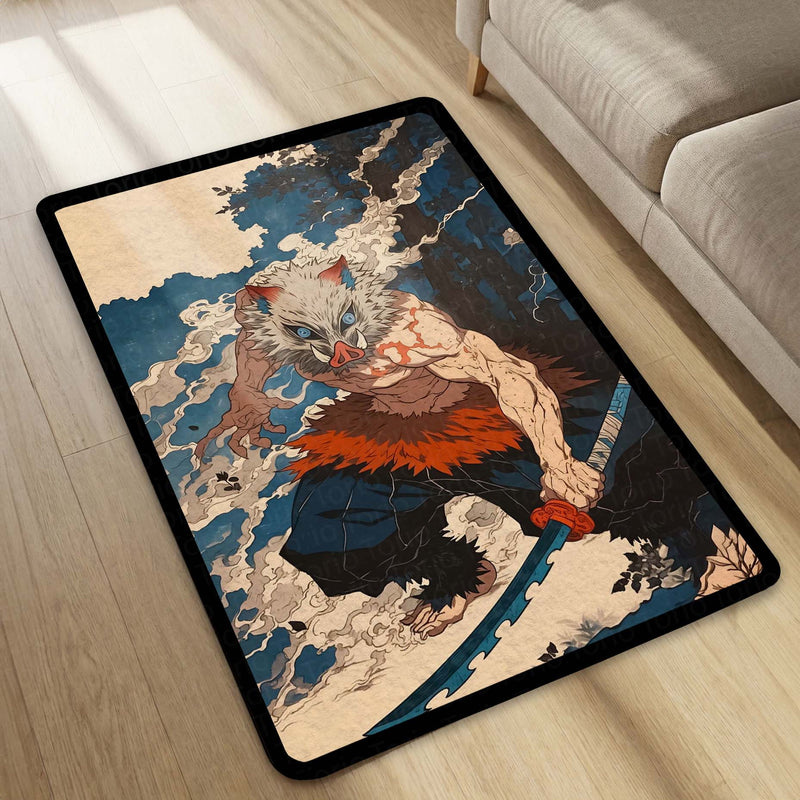 Inosuke Hashibira Anime Area Rug | Demon Slayer Inspired Floor Mat | Beast Mask Anime Rug for Bedroom, Gaming Room & Otaku Decor | Anti Slip Washable 3 mm Carpet