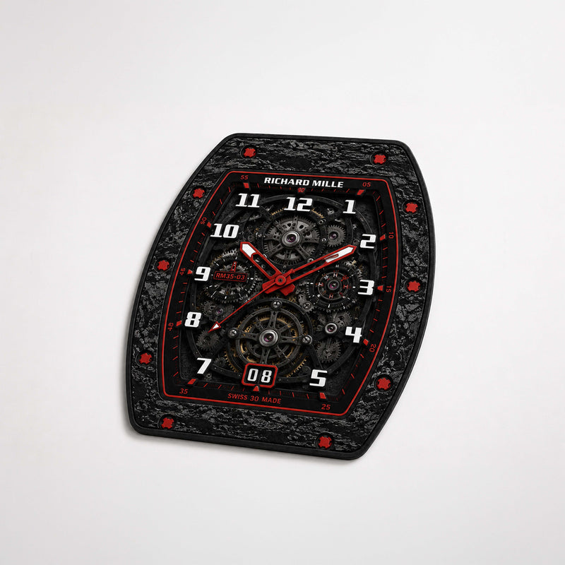 Richard Mille RM 35-03 Carbon Red Skeleton Dial Flat Rug | Luxury Watch Face Area Rug | Premium Mechanical Timepiece Floor Mat for Bedroom, Gaming Room & Collector Décor