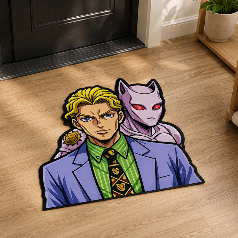Yoshikage Kira & Killer Queen Cut-out Flat Rug | JoJo's Bizarre Adventure Anime Floor Rug | Premium JoJo Gaming Room Decor