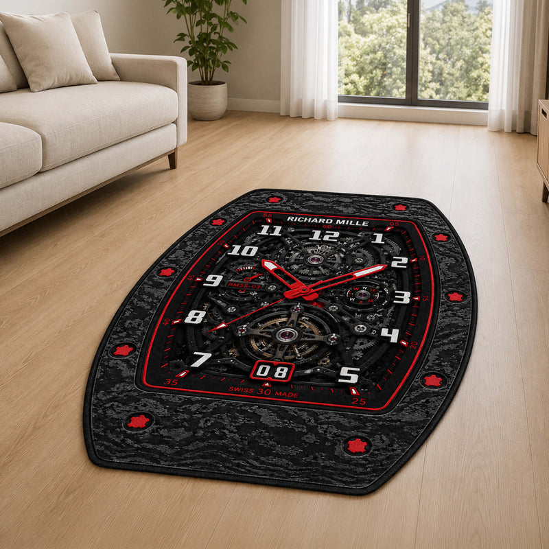 Richard Mille RM 35-03 Carbon Red Skeleton Dial Flat Rug | Luxury Watch Face Area Rug | Premium Mechanical Timepiece Floor Mat for Bedroom, Gaming Room & Collector Décor