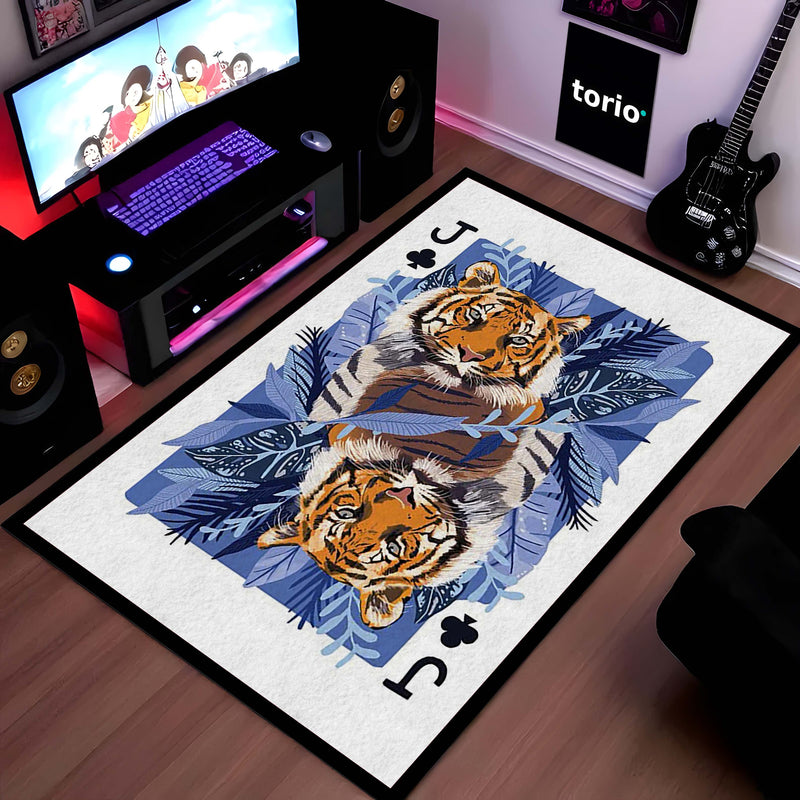 Tiger Playing Card Area Rug | King of Jungle Floor Mat | Royal Animal Theme Carpet for Bedroom, Living Room & Gaming Setup | Anti Slip Washable 3 mm Rug