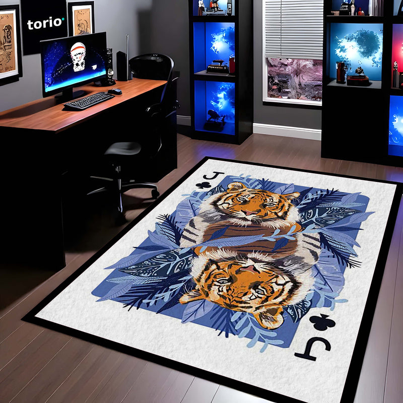 Tiger Playing Card Area Rug | King of Jungle Floor Mat | Royal Animal Theme Carpet for Bedroom, Living Room & Gaming Setup | Anti Slip Washable 3 mm Rug