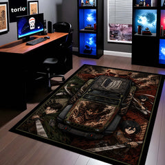 Attack on Titan Jeep Wrangler Anime Area Rug | AOT Titan Floor Mat | Eren Yeager Levi Ackerman Gaming Rug for Bedroom, Gaming Room, Anime Setup & Otaku Decor