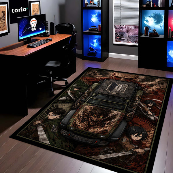 Attack on Titan Jeep Wrangler Anime Area Rug | AOT Titan Floor Mat | Eren Yeager Levi Ackerman Gaming Rug for Bedroom, Gaming Room, Anime Setup & Otaku Decor