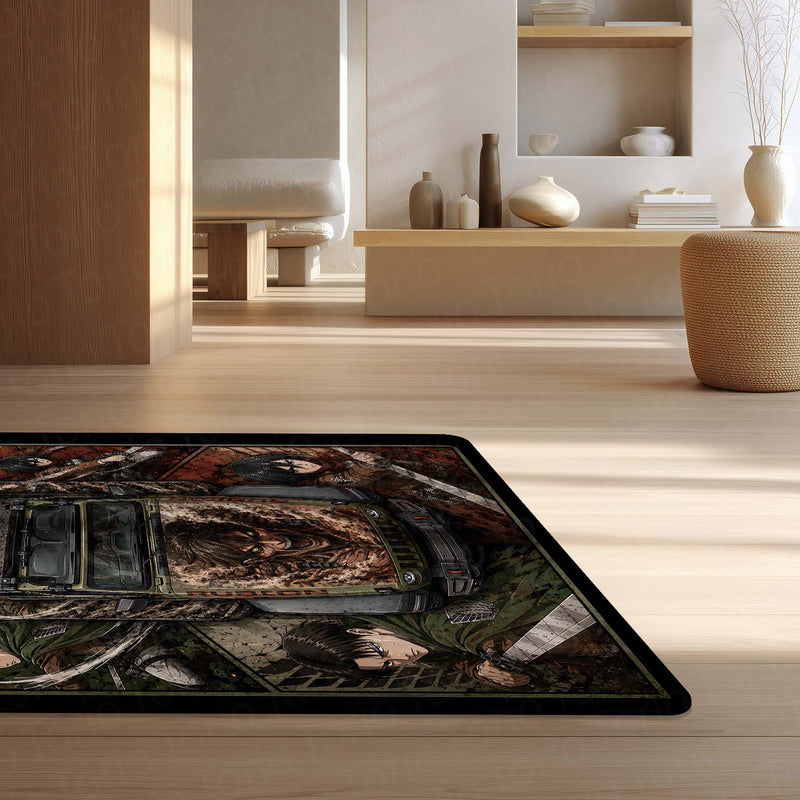 Attack on Titan Jeep Wrangler Anime Area Rug | AOT Titan Floor Mat | Eren Yeager Levi Ackerman Gaming Rug for Bedroom, Gaming Room, Anime Setup & Otaku Decor