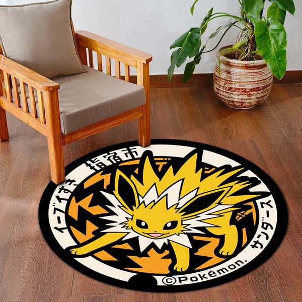 Jolteon Round Rug | Electric Pokémon Floor Mat | Anime Circle Rug | Anti-Slip 3 mm Absorbent Rug for Bedroom, Gaming Room & Pokémon Fans