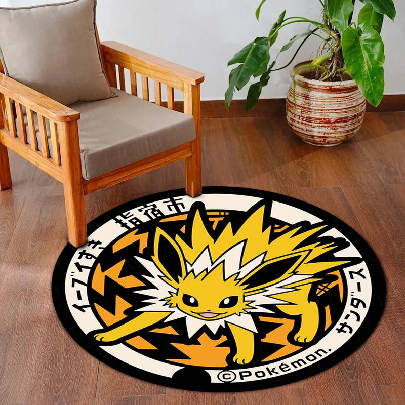 Jolteon Round Rug | Electric Pokémon Floor Mat | Anime Circle Rug | Anti-Slip 3 mm Absorbent Rug for Bedroom, Gaming Room & Pokémon Fans