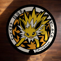 Jolteon Round Rug | Electric Pokémon Floor Mat | Anime Circle Rug | Anti-Slip 3 mm Absorbent Rug for Bedroom, Gaming Room & Pokémon Fans