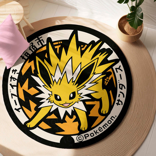 Jolteon Round Rug | Electric Pokémon Floor Mat | Anime Circle Rug | Anti-Slip 3 mm Absorbent Rug for Bedroom, Gaming Room & Pokémon Fans