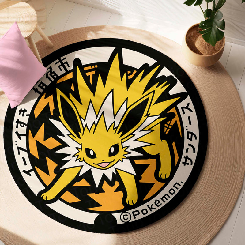 Jolteon Round Rug | Electric Pokémon Floor Mat | Anime Circle Rug | Anti-Slip 3 mm Absorbent Rug for Bedroom, Gaming Room & Pokémon Fans