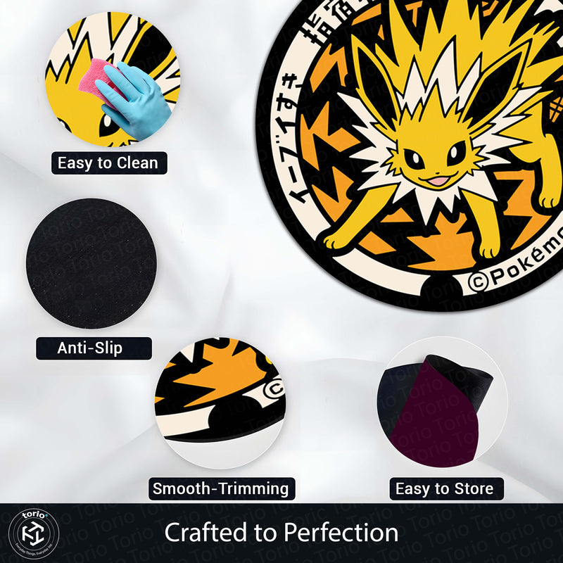 Jolteon Round Rug | Electric Pokémon Floor Mat | Anime Circle Rug | Anti-Slip 3 mm Absorbent Rug for Bedroom, Gaming Room & Pokémon Fans