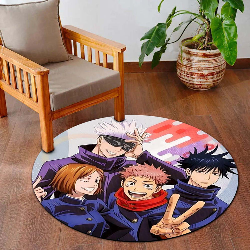 Jujutsu Kaisen Round Rug | Gojo, Yuji, Nobara & Megumi Anime Floor Mat | Anti-Slip 3 mm Absorbent Circle Rug for Bedroom, Gaming Room & Anime Fans