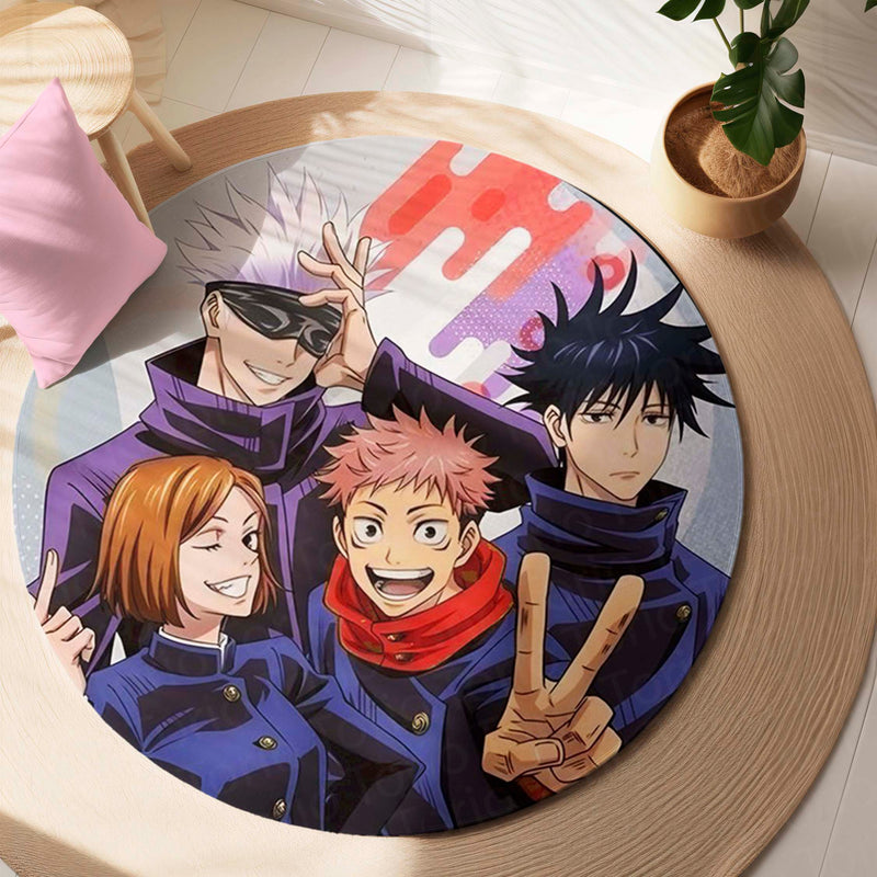 Jujutsu Kaisen Round Rug | Gojo, Yuji, Nobara & Megumi Anime Floor Mat | Anti-Slip 3 mm Absorbent Circle Rug for Bedroom, Gaming Room & Anime Fans