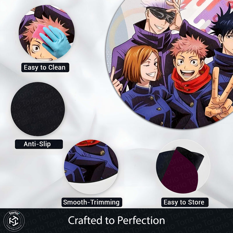 Jujutsu Kaisen Round Rug | Gojo, Yuji, Nobara & Megumi Anime Floor Mat | Anti-Slip 3 mm Absorbent Circle Rug for Bedroom, Gaming Room & Anime Fans