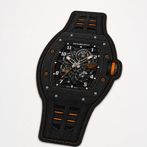 Richard Mille RM 35-02 Black & Orange Watch Flat Rug | Luxury Skeleton Watch Area Rug | Premium Mechanical Timepiece Floor Mat for Bedroom, Gaming Room & Collector Décor