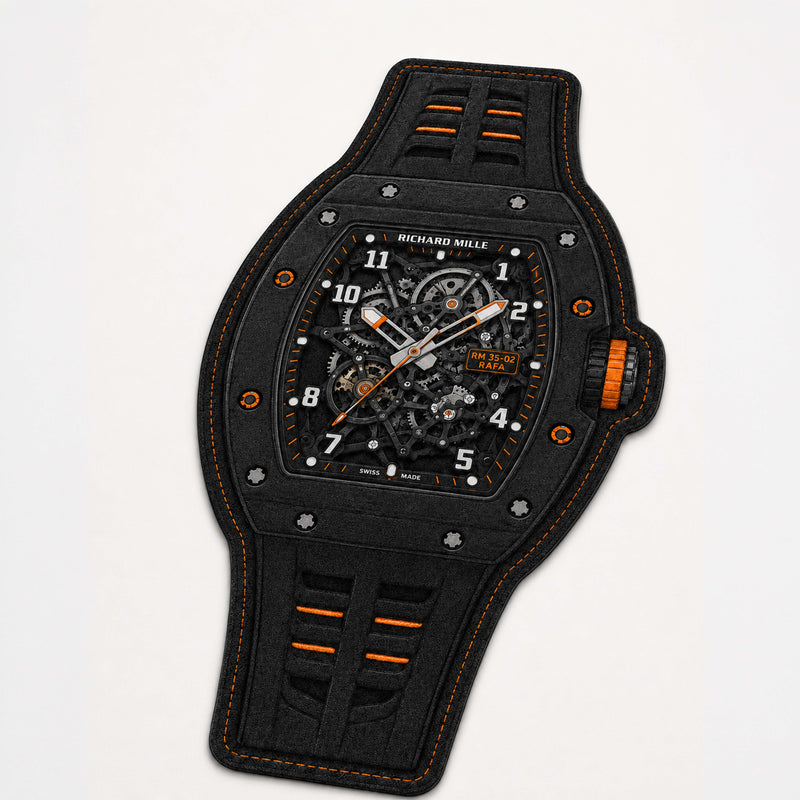 Richard Mille RM 35-02 Black & Orange Watch Flat Rug | Luxury Skeleton Watch Area Rug | Premium Mechanical Timepiece Floor Mat for Bedroom, Gaming Room & Collector Décor