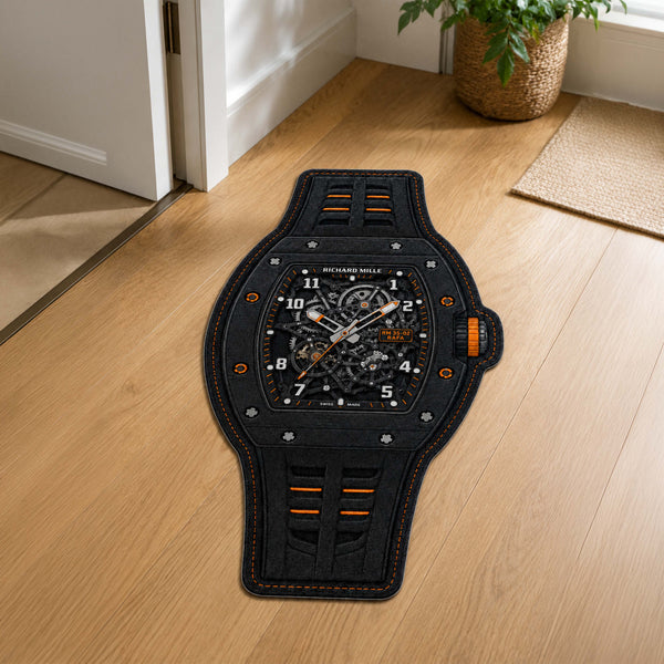 Richard Mille RM 35-02 Black & Orange Watch Flat Rug | Luxury Skeleton Watch Area Rug | Premium Mechanical Timepiece Floor Mat for Bedroom, Gaming Room & Collector Décor