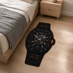 Richard Mille RM 35-02 Black & Orange Watch Flat Rug | Luxury Skeleton Watch Area Rug | Premium Mechanical Timepiece Floor Mat for Bedroom, Gaming Room & Collector Décor