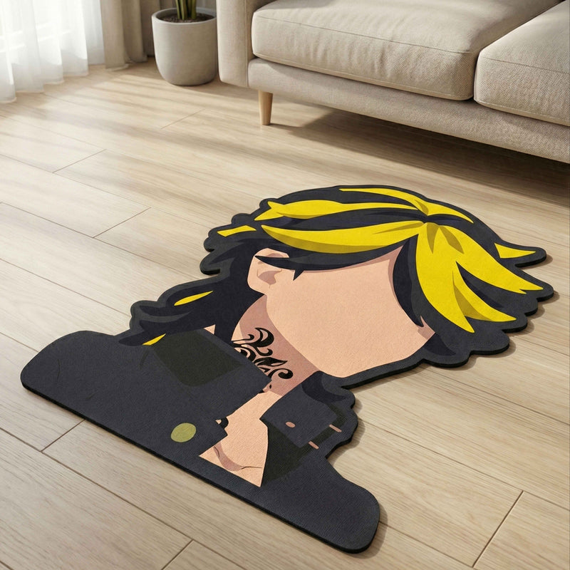 Kazutora Hanemiya Fierce Look Floor Mat (3 mm Thick) | Tokyo Revengers Anime Cut-Out Rug for Bedroom, Gaming Room & Otaku Home Decor