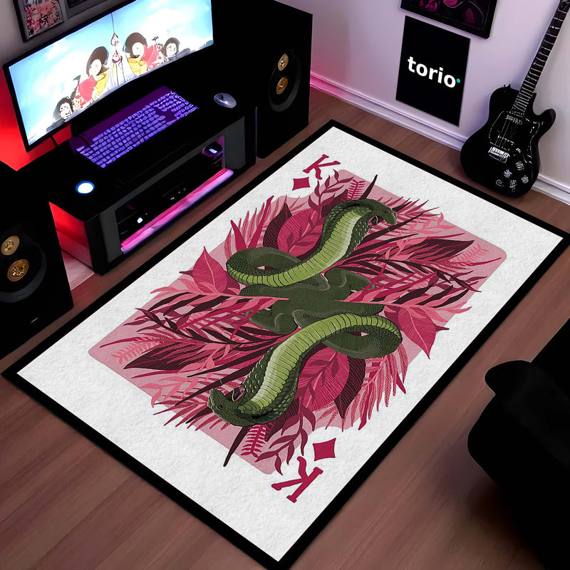 Snake King Playing Card Area Rug | King of Diamonds Snake Floor Mat | Aesthetic Snake Design Rug for Bedroom, Gaming Room & Modern Home Decor