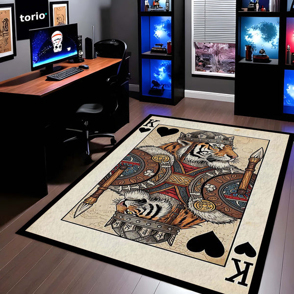 Tiger King Playing Card Area Rug | King of Hearts Tiger Floor Mat | Royal Animal Design Rug for Bedroom, Gaming Room & Luxury Home Decor