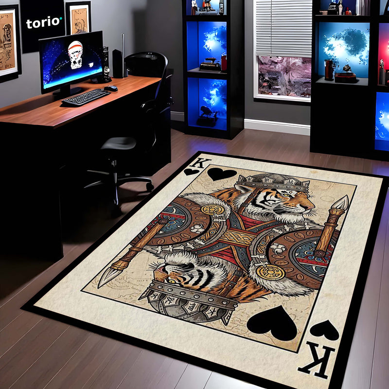 Tiger King Playing Card Area Rug | King of Hearts Tiger Floor Mat | Royal Animal Design Rug for Bedroom, Gaming Room & Luxury Home Decor
