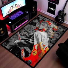 Flame Samurai Anime Area Rug | Fire Warrior Sword Floor Mat | Demon Slayer Inspired Rug for Bedroom, Gaming Room & Anime Decor