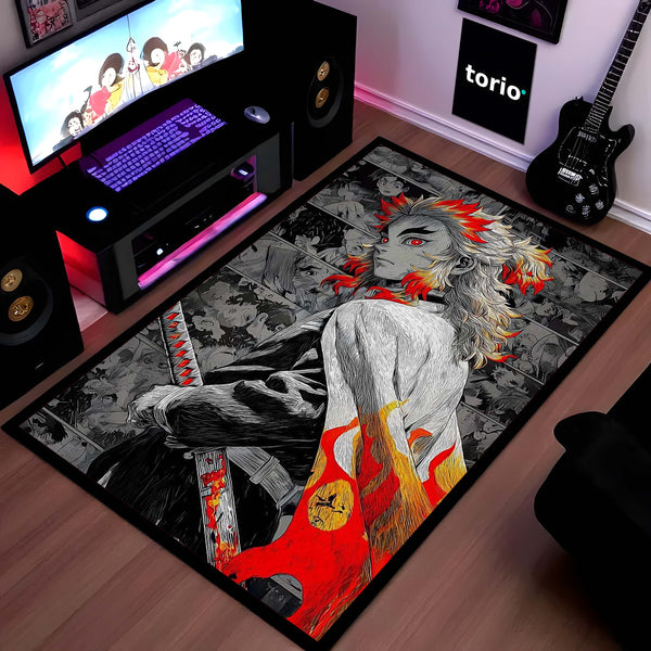 Flame Samurai Anime Area Rug | Fire Warrior Sword Floor Mat | Demon Slayer Inspired Rug for Bedroom, Gaming Room & Anime Decor