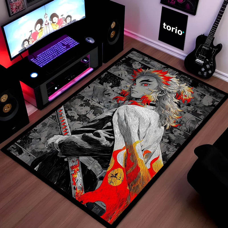 Flame Samurai Anime Area Rug | Fire Warrior Sword Floor Mat | Demon Slayer Inspired Rug for Bedroom, Gaming Room & Anime Decor