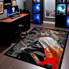 Flame Samurai Anime Area Rug | Fire Warrior Sword Floor Mat | Demon Slayer Inspired Rug for Bedroom, Gaming Room & Anime Decor