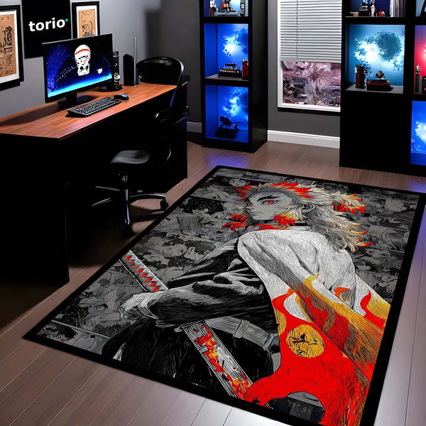 Flame Samurai Anime Area Rug | Fire Warrior Sword Floor Mat | Demon Slayer Inspired Rug for Bedroom, Gaming Room & Anime Decor