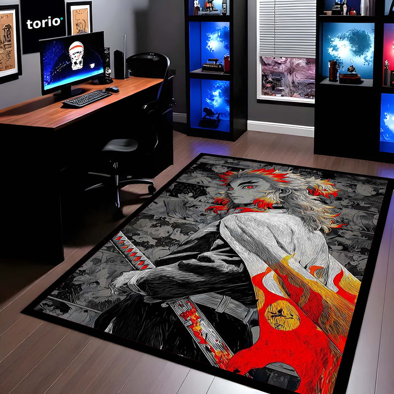 Flame Samurai Anime Area Rug | Fire Warrior Sword Floor Mat | Demon Slayer Inspired Rug for Bedroom, Gaming Room & Anime Decor