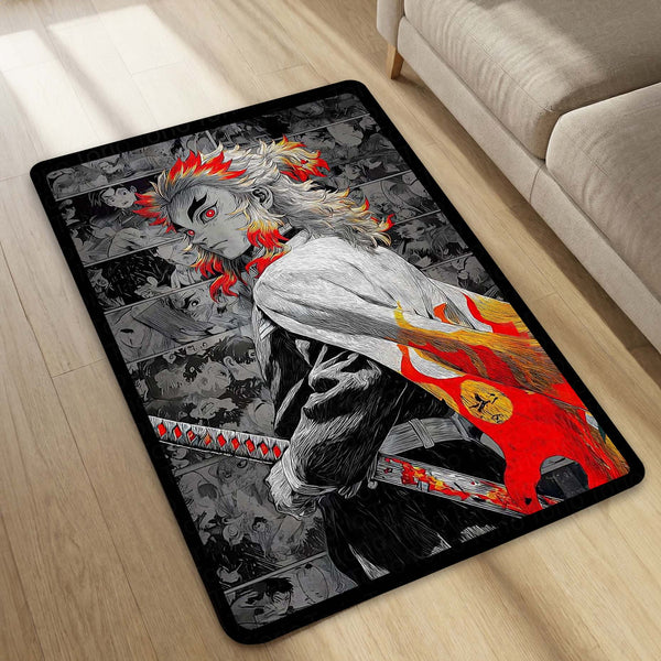 Flame Samurai Anime Area Rug | Fire Warrior Sword Floor Mat | Demon Slayer Inspired Rug for Bedroom, Gaming Room & Anime Decor