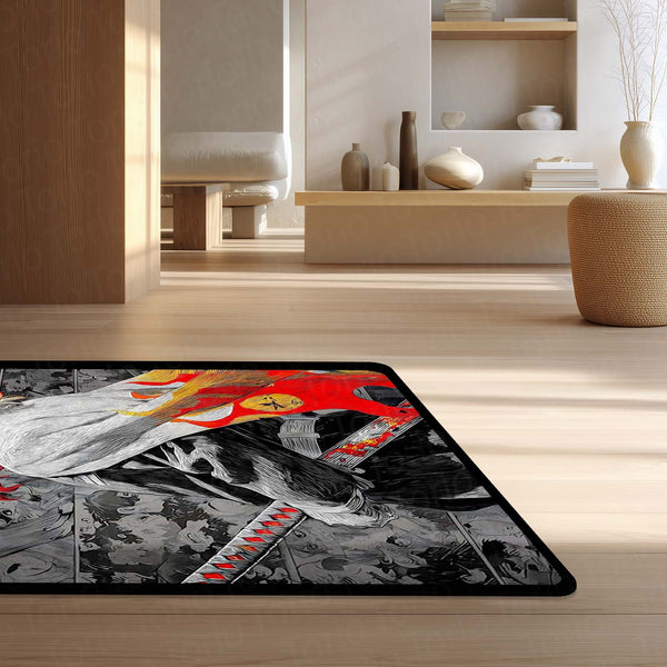 Flame Samurai Anime Area Rug | Fire Warrior Sword Floor Mat | Demon Slayer Inspired Rug for Bedroom, Gaming Room & Anime Decor