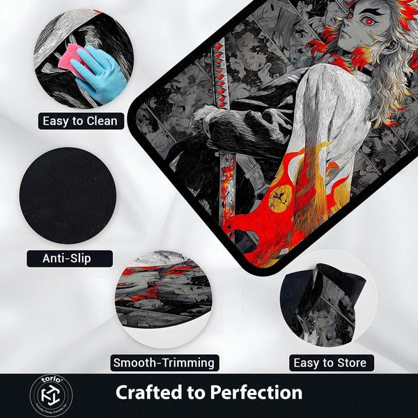 Flame Samurai Anime Area Rug | Fire Warrior Sword Floor Mat | Demon Slayer Inspired Rug for Bedroom, Gaming Room & Anime Decor