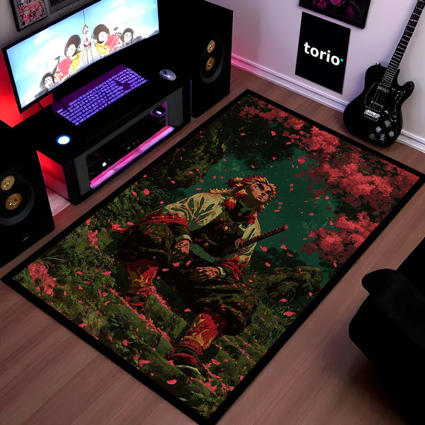 Flame Hashira Anime Area Rug | Fire Sword Warrior Floor Mat | Rengoku Inspired Anime Rug for Bedroom, Gaming Room & Otaku Decor