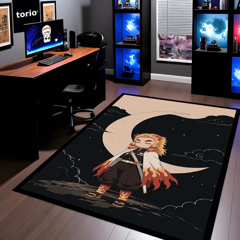 Kyojuro Rengoku Demon Slayer Area Flat Rug | Flame Hashira Moonlit Anime Area Flat Rug | Premium Anime Bedroom & Gaming Room Floor Decor