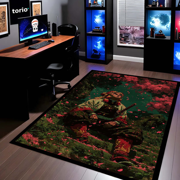 Flame Hashira Anime Area Rug | Fire Sword Warrior Floor Mat | Rengoku Inspired Anime Rug for Bedroom, Gaming Room & Otaku Decor