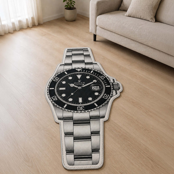 Luxury Rolex Submariner Watch Flat Rug | Stainless Steel Luxury Watch Area Rug | Premium Timepiece Floor Mat for Bedroom, Gaming Room & Collector Décor