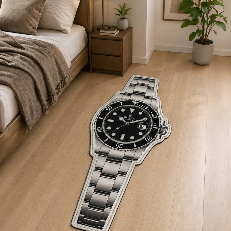 Luxury Rolex Submariner Watch Flat Rug | Stainless Steel Luxury Watch Area Rug | Premium Timepiece Floor Mat for Bedroom, Gaming Room & Collector Décor