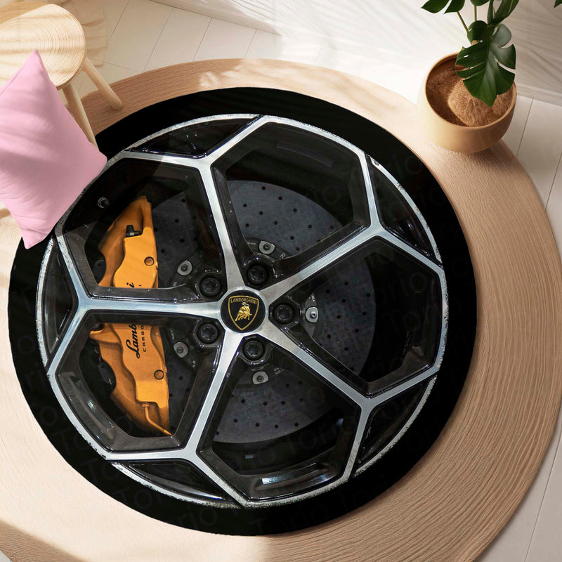 Lamborghini Brake Disc Round Floor Mat (3 mm Thick) | Performance Alloy Wheel Inspired Circular Area Mat for Garage, Gaming Room & Modern Decor