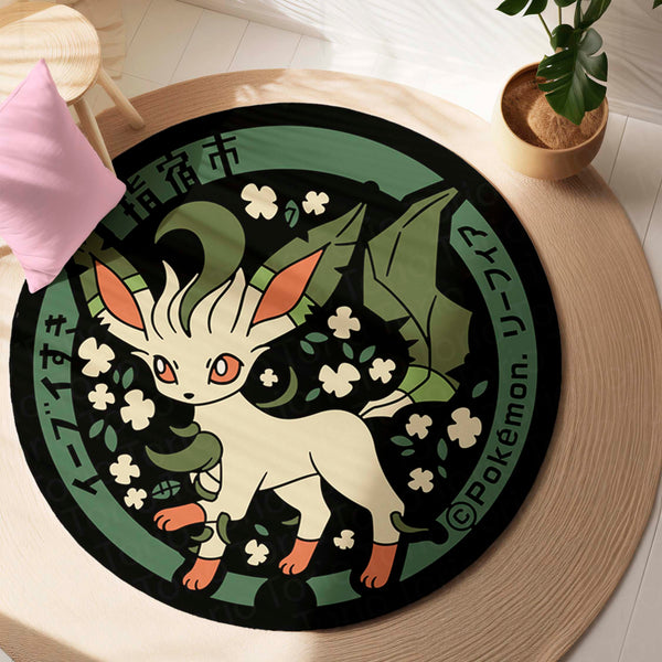 Leafeon Round Rug | Pokémon Grass-Type Anime Floor Mat | Anti-Slip 3 mm Absorbent Circle Rug for Bedroom, Gaming Room & Pokémon Fans