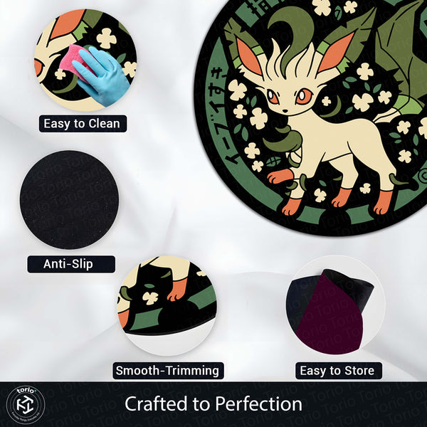 Leafeon Round Rug | Pokémon Grass-Type Anime Floor Mat | Anti-Slip 3 mm Absorbent Circle Rug for Bedroom, Gaming Room & Pokémon Fans