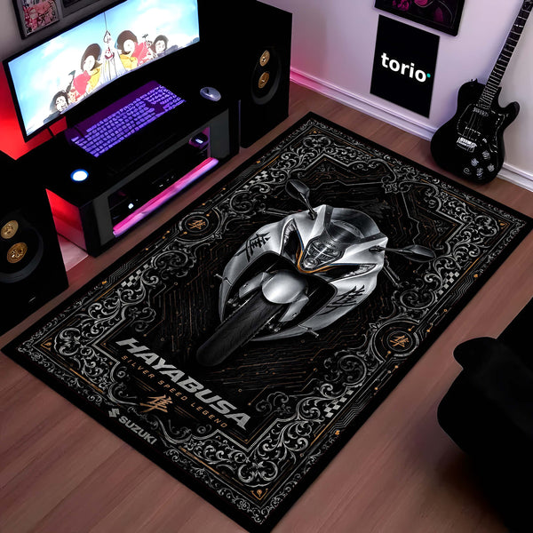 Suzuki Hayabusa Ornate Area Flat Rug | Luxury Superbike Persian Style Rug for Living Room, Gaming Room & Motorcycle Decor